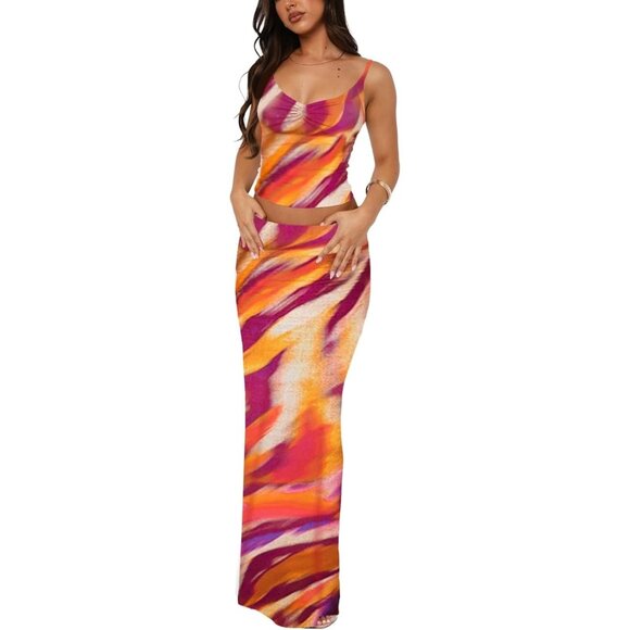 Women Orange Purple Two Piece Sets Sleeveless Spaghetti Pleated Tank Maxi Skirt